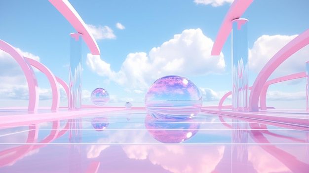 Cyberpunk-Szenenhintergrund mit futuristischer Architektur und Wasserreflexionen. Ai generiert