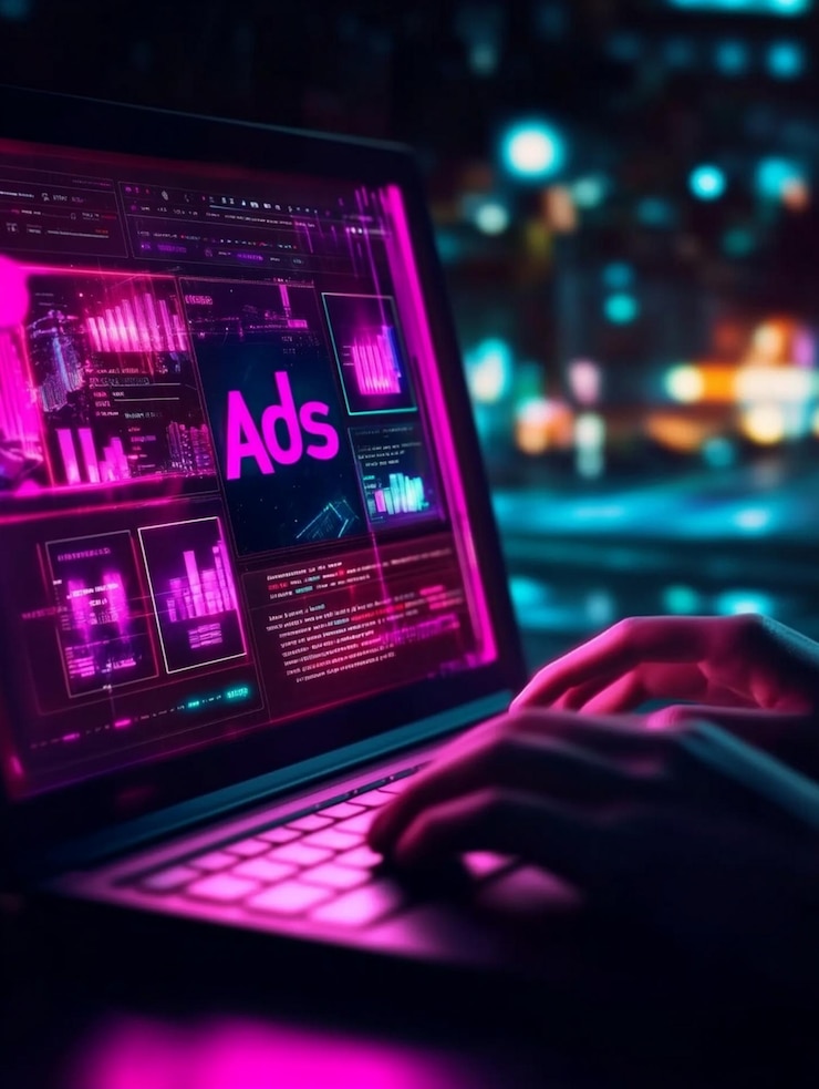 Cyberpunk Technology Concept Pessoa digitando em laptop com Neon ADS e Código Digital Futurístico