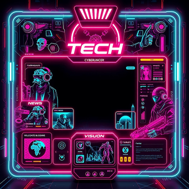 Cyberpunk Theme Layout Screen para um Tech Streamer com Interfaces de Jogo Criativas de Cor Neon