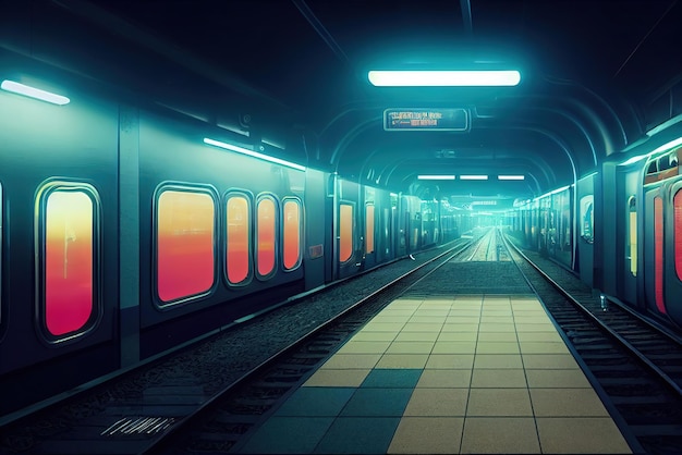 Cyberpunk-U-Bahn Mit Neon-Hintergrundbeleuchtungskonturen Retro-Wellenstil