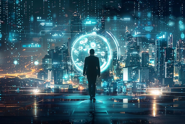 Cyberpunk visionario de negocios con paisaje urbano futuro y gráfico de interfaz