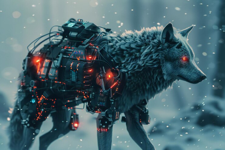 Foto cyberpunk wolf in exoskeleton 3d rendering criado por ai