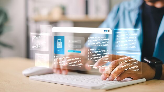 Cybersecurity and data protection concept showing a person typing on a keyboard with digital login interface password authentication and coding system on virtual screens