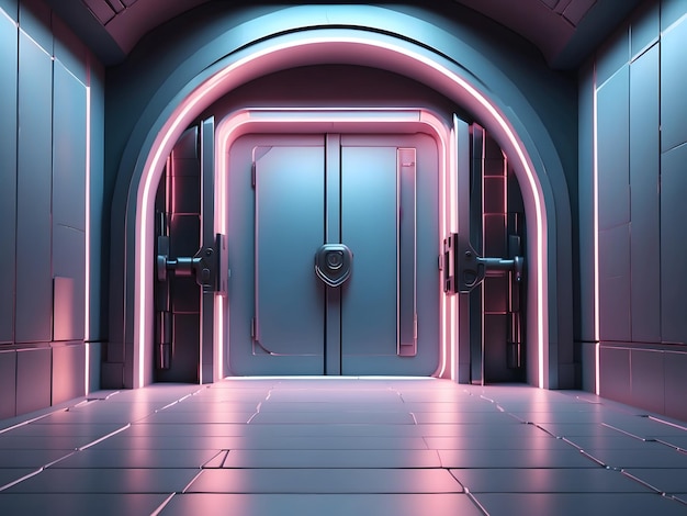 Cybersecurity sci-fi tecnologia de fundo com uma vista em perspectiva de uma sala vazia e porta