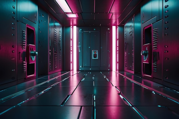 Cybersicherheits-Sci-Fi-Technologie-Hintergrund mit einer perspektivischen Sicht auf einen leeren Raum und eine Tür