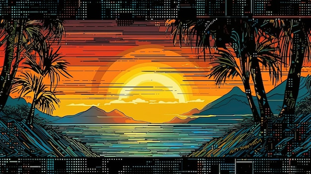 Cybersicherheits- und Datenschutzkonzept Das Meer auf dem Hintergrund des Sonnenuntergangs Fantasy-Konzept Illustrationsmalerei