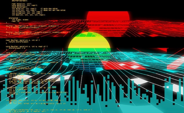 Foto cyberspace-landschaftsraster alter tv-bildschirmfehler fotostörung das tv-signal funktioniert nicht technische probleme grunge-hintergrundbild datenzerlegung 3d-darstellung