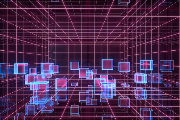 Cyberspace-Tunnel mit Geometriewürfel 3D-Rendering