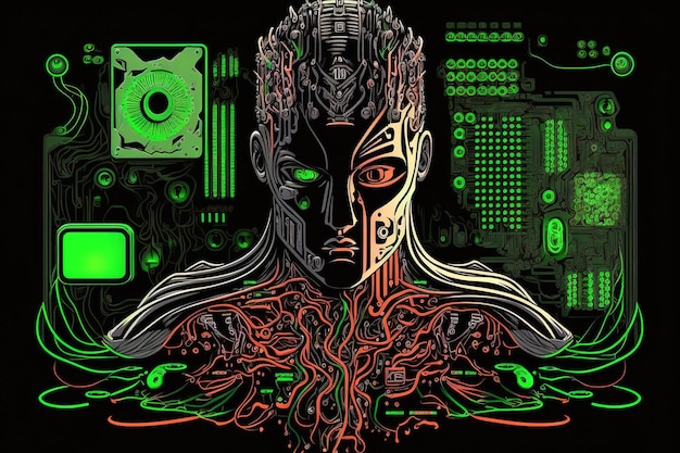 Cyborg AI o conhecimento técnico da placa de circuito Conceitos de CPU e GPU para processadores de computador central chip digital no fundo da placa-mãe em tecnologia e ciência