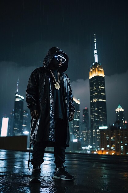 Foto cyborg árabe del futuro con trampa de hip hop de pie frente al horizonte lluvioso de la ciudad de gotham por la noche