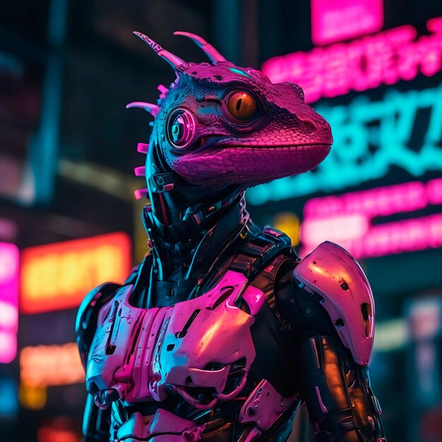 Un cyborg con armadura al estilo cyberpunk.