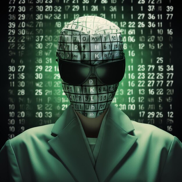 Cyborg con ataque cibernético en código binario de fondo renderización 3D