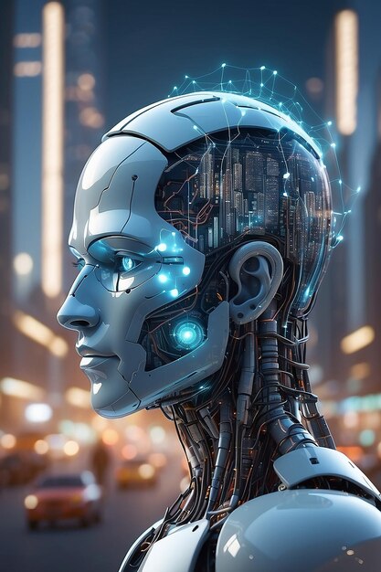 Cyborg cabeça usando inteligência artificial para criar interface digital em cidade bokeh fundo renderização 3D