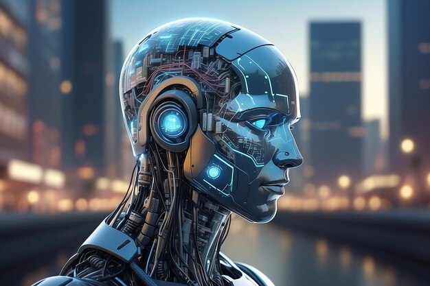 Cyborg cabeça usando inteligência artificial para criar interface digital em cidade bokeh fundo renderização 3D