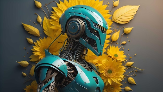 Cyborg con casco y girasoles generativo ai