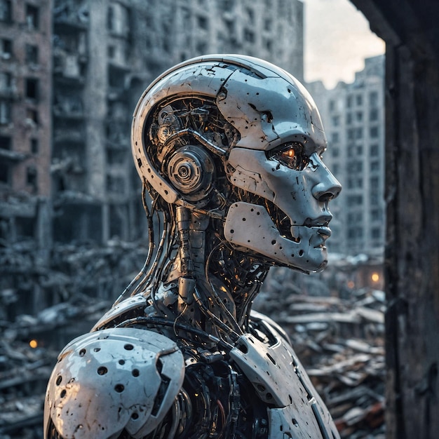 Cyborg en una ciudad destruida