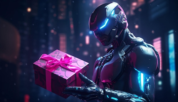 Cyborg com presentes da Cyber Monday em luz neon