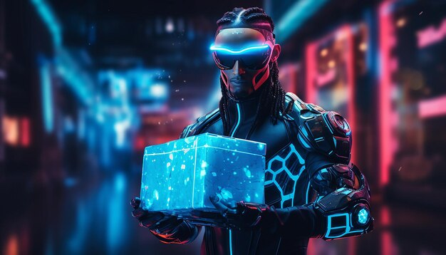 Cyborg com presentes da Cyber Monday em luz neon