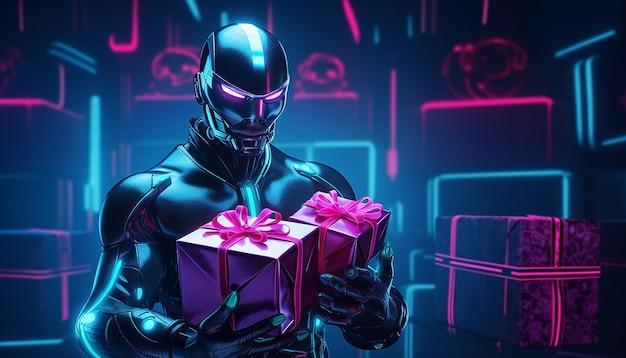 Cyborg com presentes da Cyber Monday em luz neon
