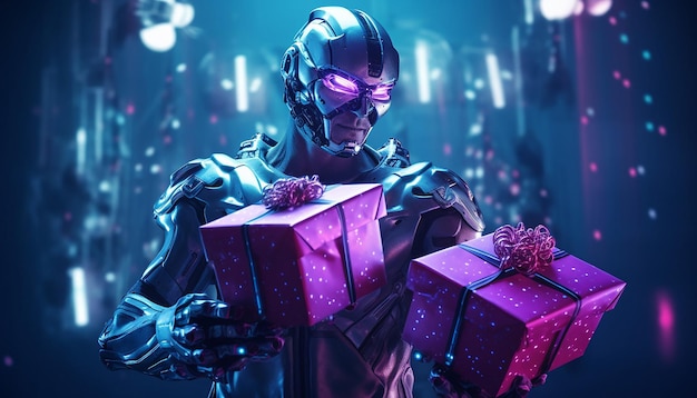 Cyborg com presentes da Cyber Monday em luz neon