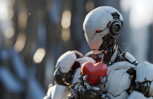 Foto cyborg com um coração vermelho na mão