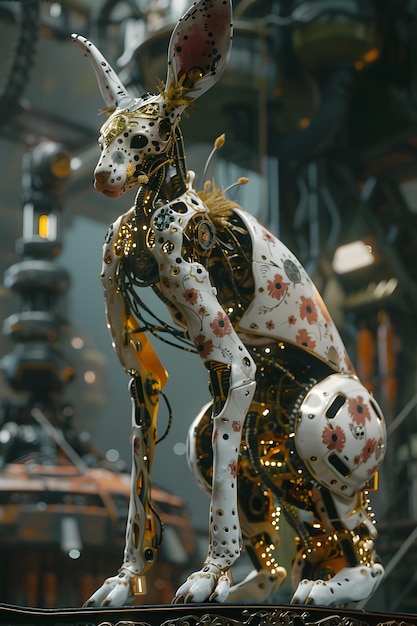 Foto cyborg criatura cativante adornada com encaixe floral ornamentado e sotaques dourados surrealista obra de arte digital