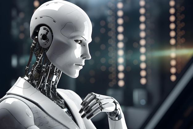 Un cyborg es un robot esquelético femenino que lleva una piel híbrida de plástico blanco ajustado