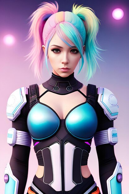 Una cyborg femenina con el cabello azul y rosa