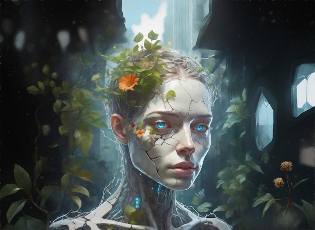 Cyborg femenino abstracto con plantas ilustración cibernética futurista