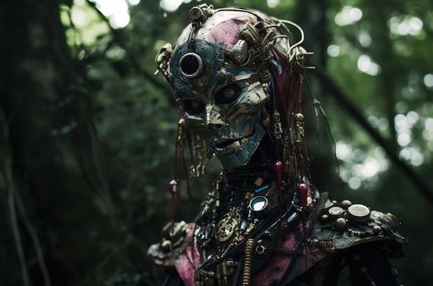 Un cyborg femenino en un bosque