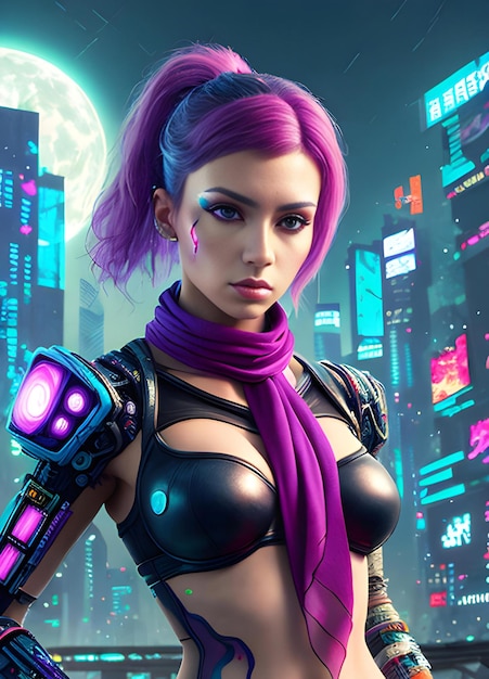 Un cyborg femenino con cabello morado y fondo futurista.