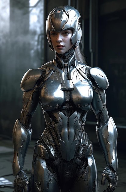 Un cyborg femenino con un traje futurista.