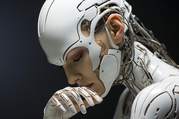 Cyborg feminina com peças mecânicas intrincadas misturando emoção humana com inteligência artificial