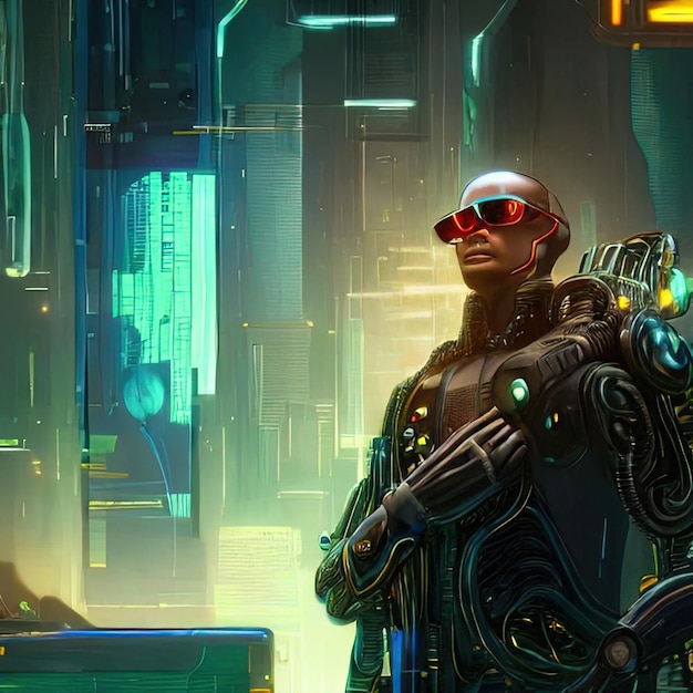 Cyborg en el fondo de una ciudad de ciencia ficción Ilustración de estilo Cyberpunk