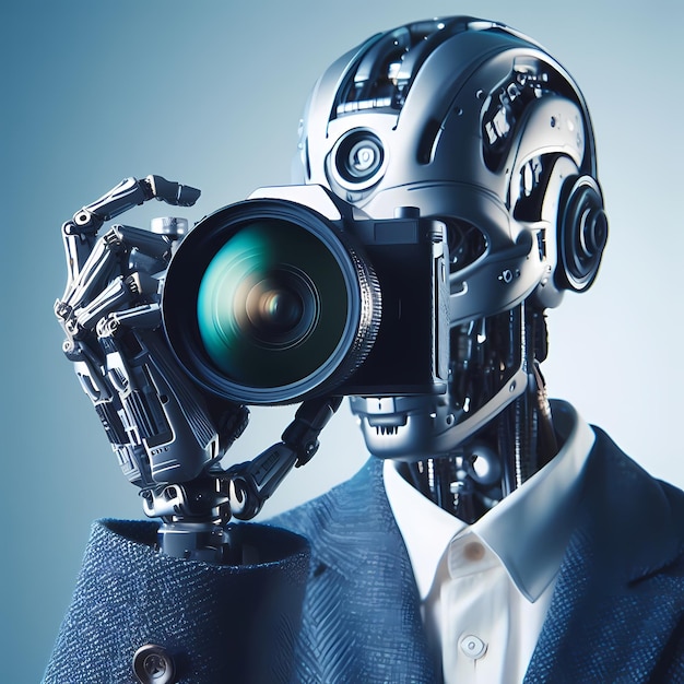 Cyborg fotógrafo robot en el trabajo ética de la IA