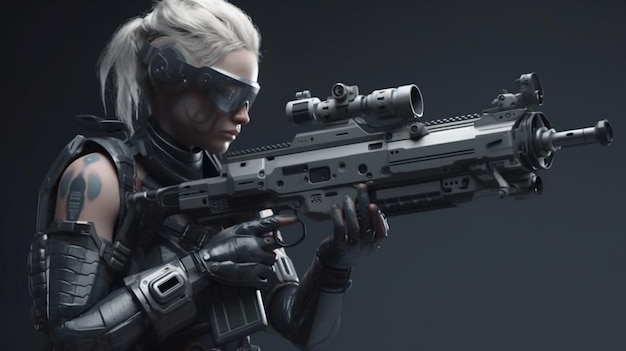 Cyborg-Frau mit Maschinengewehr auf dunklem Hintergrund. Generative KI