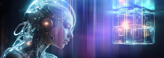 Cyborg-Frau Scifi-Roboter-Neon-KI-Generation