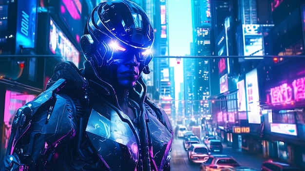 Cyborg futurista con ojos azules brillantes y extremidades metálicas de pie en un paisaje urbano Cyberpunk distopía generativa ai