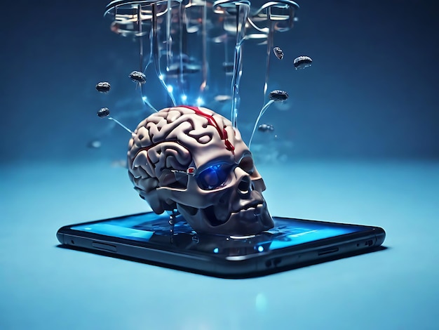 Cyborg-Gehirn mit glühendem strahlendem Licht auf einem Handy