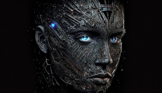 Cyborg-Gesicht in der Herstellung auf schwarzem Hintergrund ai GenerativeGenerative AI