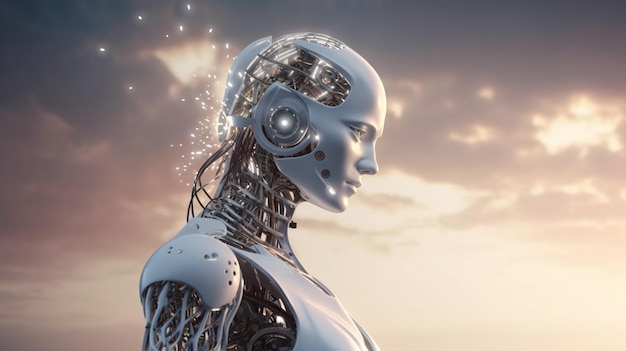 Cyborg-Gesichts-Drahtmodell-Hologramm 3D-Rendering-Konzept für maschinelles Lernen mit künstlicher Intelligenz