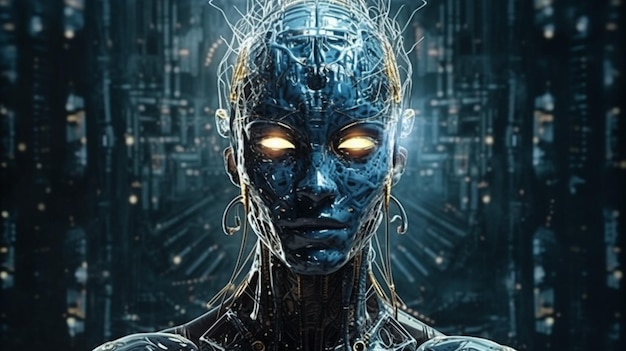 Cyborg-Gesichts-Drahtmodell-Hologramm 3D-Rendering-Konzept für maschinelles Lernen mit künstlicher Intelligenz
