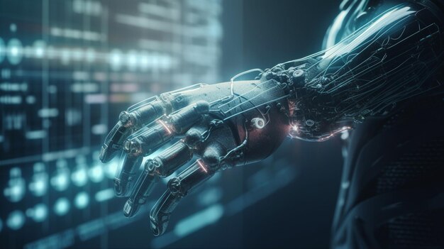 Cyborg-Hand auf Börsenhintergrund generative ai