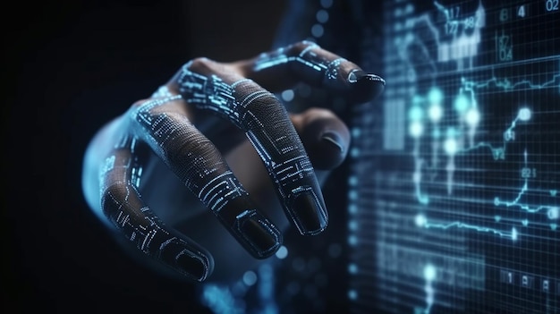 Cyborg-Hand auf Börsenhintergrund generative ai