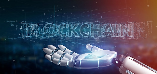 Cyborg-Hand, die einen Blockchain-Titel hält