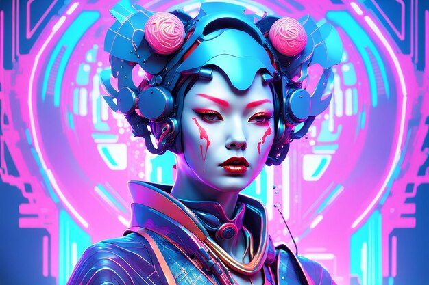 Cyborg hiper-realista geisha pedra preciosa