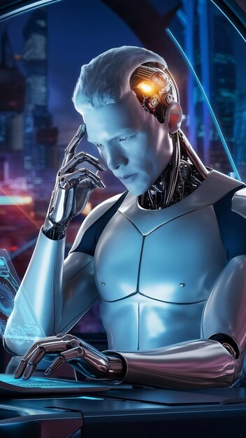 Cyborg hombre blanco pensando y tocando su cabeza