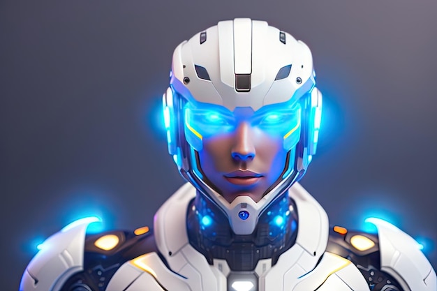 Cyborg humanoide con IA generativa de robot blanco brillante azul