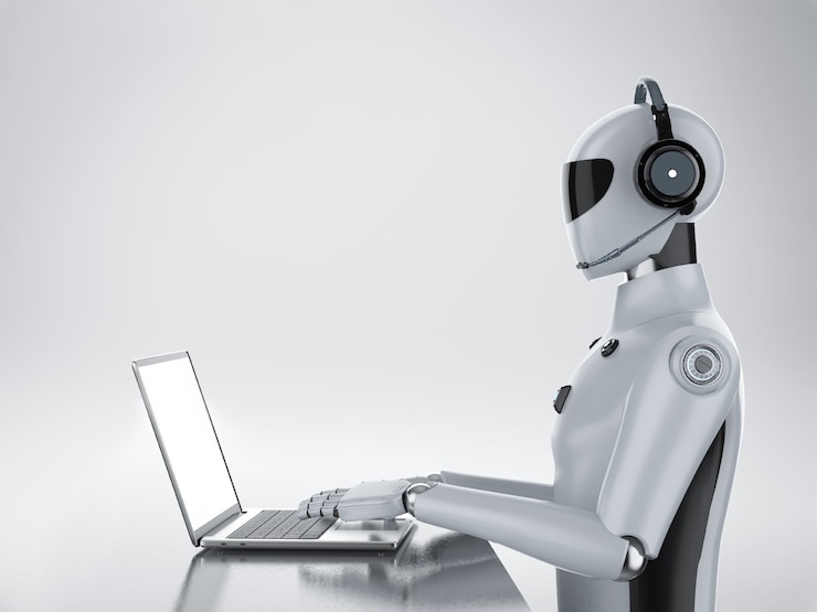 Foto cyborg de inteligencia artificial de renderizado 3d o robot que trabaja con auriculares y computadora portátil