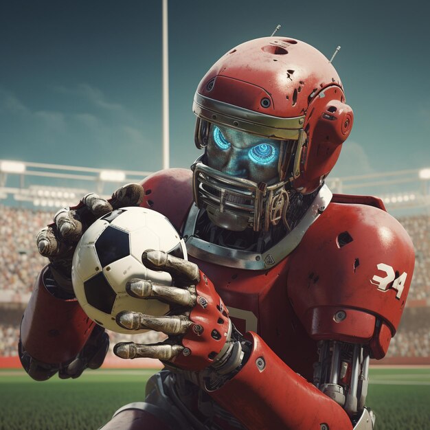 Cyborg lutando com uma bola de futebol no estádio renderização 3D